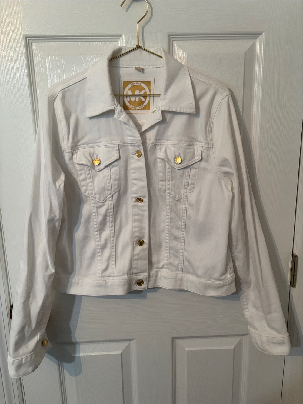 MICHAEL Michael Kors White Denim Jacket with Gold Buttons